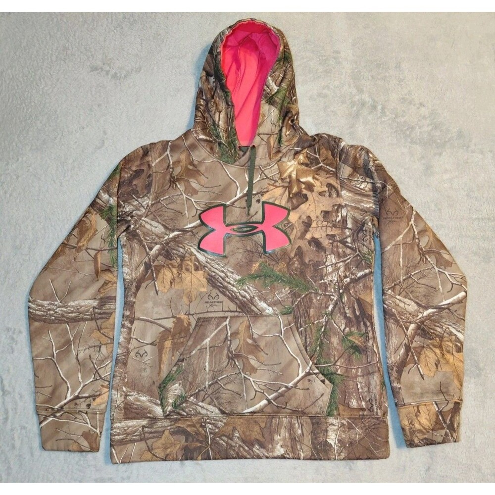 Under Armour Realtree Camo Hoodie Womens Medium Hot Pink Logo Semi-Fitted Jumper